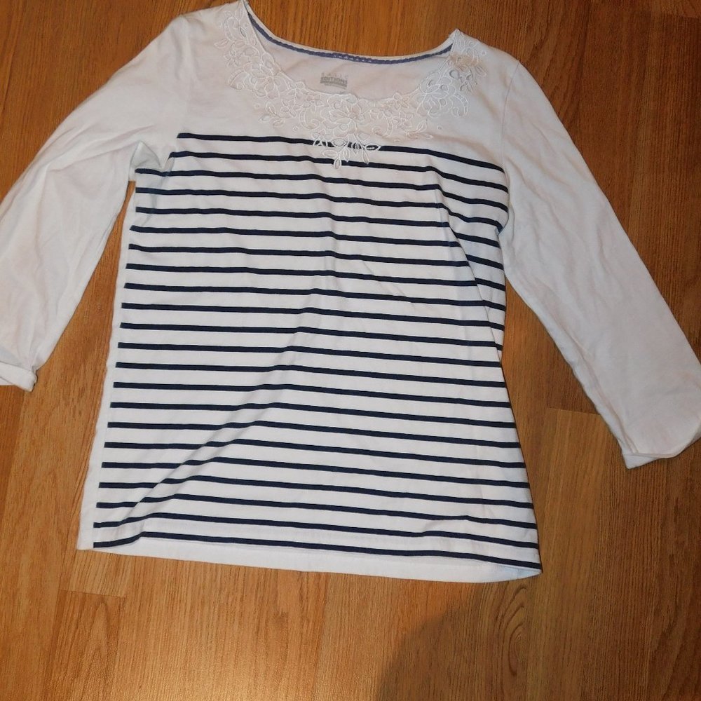 3/4 Length Striped Shirt w/ Lace Neckline